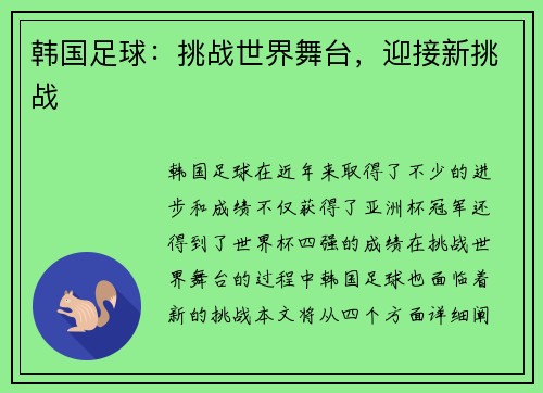 韩国足球：挑战世界舞台，迎接新挑战