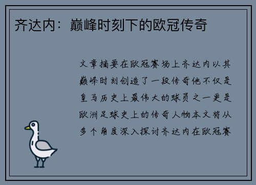 齐达内：巅峰时刻下的欧冠传奇